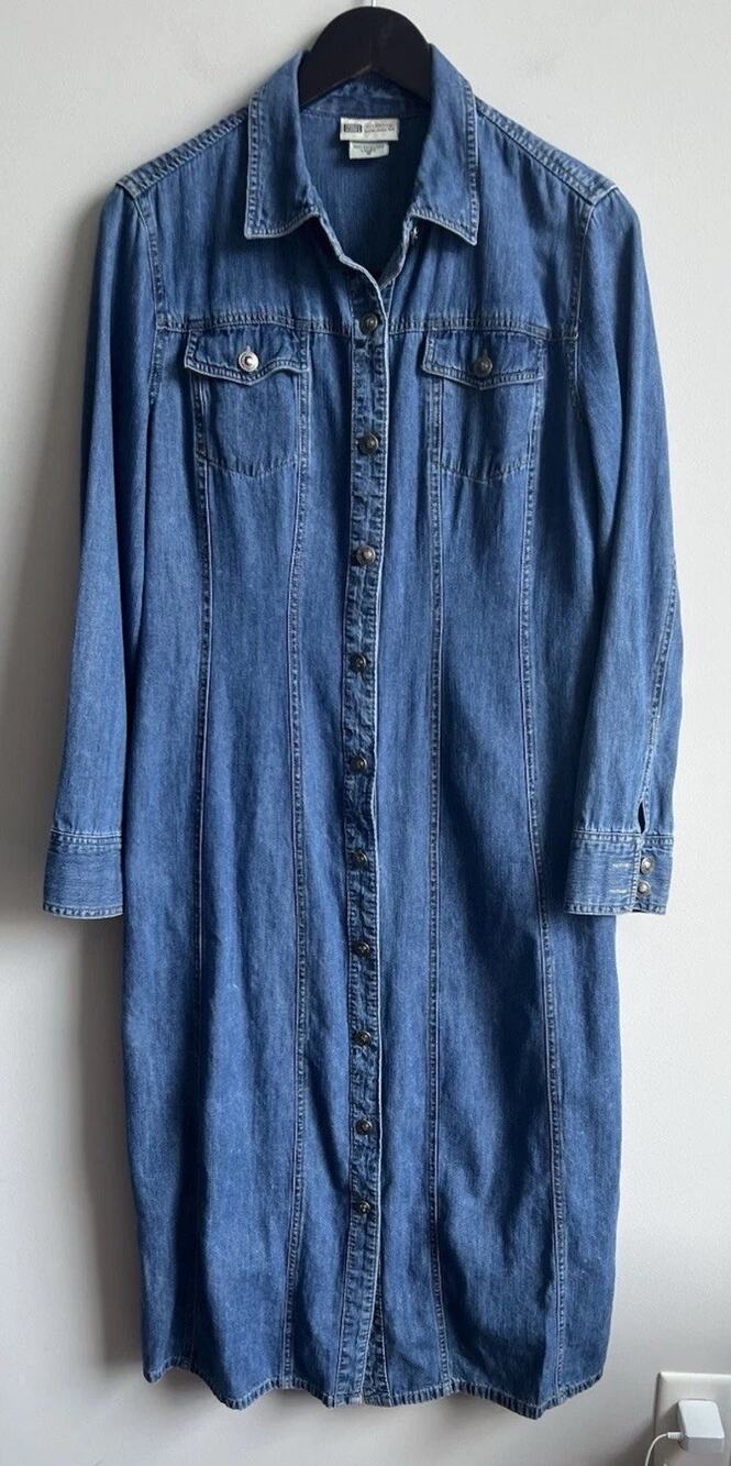 Vtg Faded Glory Denim Dress Maxi Front 14 Western Modest Boho Cottagecore Large